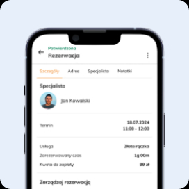 Zrzut ekranu z aplikacji Oferteo, pokazujący potwierdzone szczegóły rezerwacji. Na ekranie telefonu widoczny jest profil specjalisty, Jana Kowalskiego, z informacjami o terminie usługi, zarezerwowanym czasie i kwocie do zapłaty. Obok ekranu znajdują się dymki z napisami: 'Wracaj do szczegółów swojego zlecenia w dowolnym momencie' oraz 'Zarządzaj rezerwacją'.